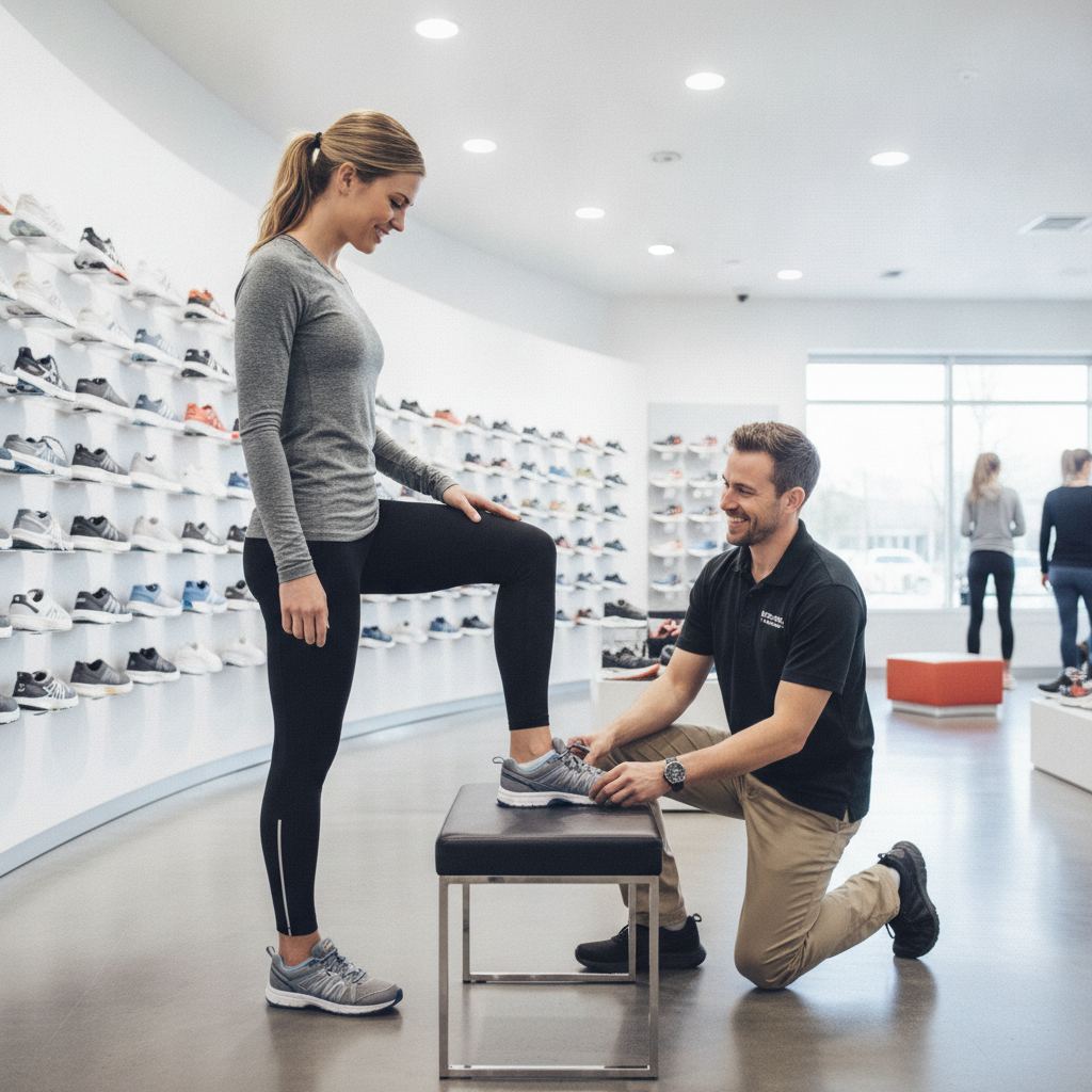 femme en train d'essayer des chaussures de marche dans un magasin de sport