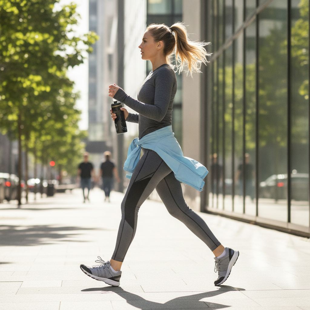 femme active marchant en ville avec des chaussures de marche sportive