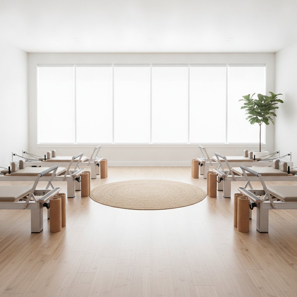 Studio de pilates épuré avec reformers et tapis dans une lumière naturelle