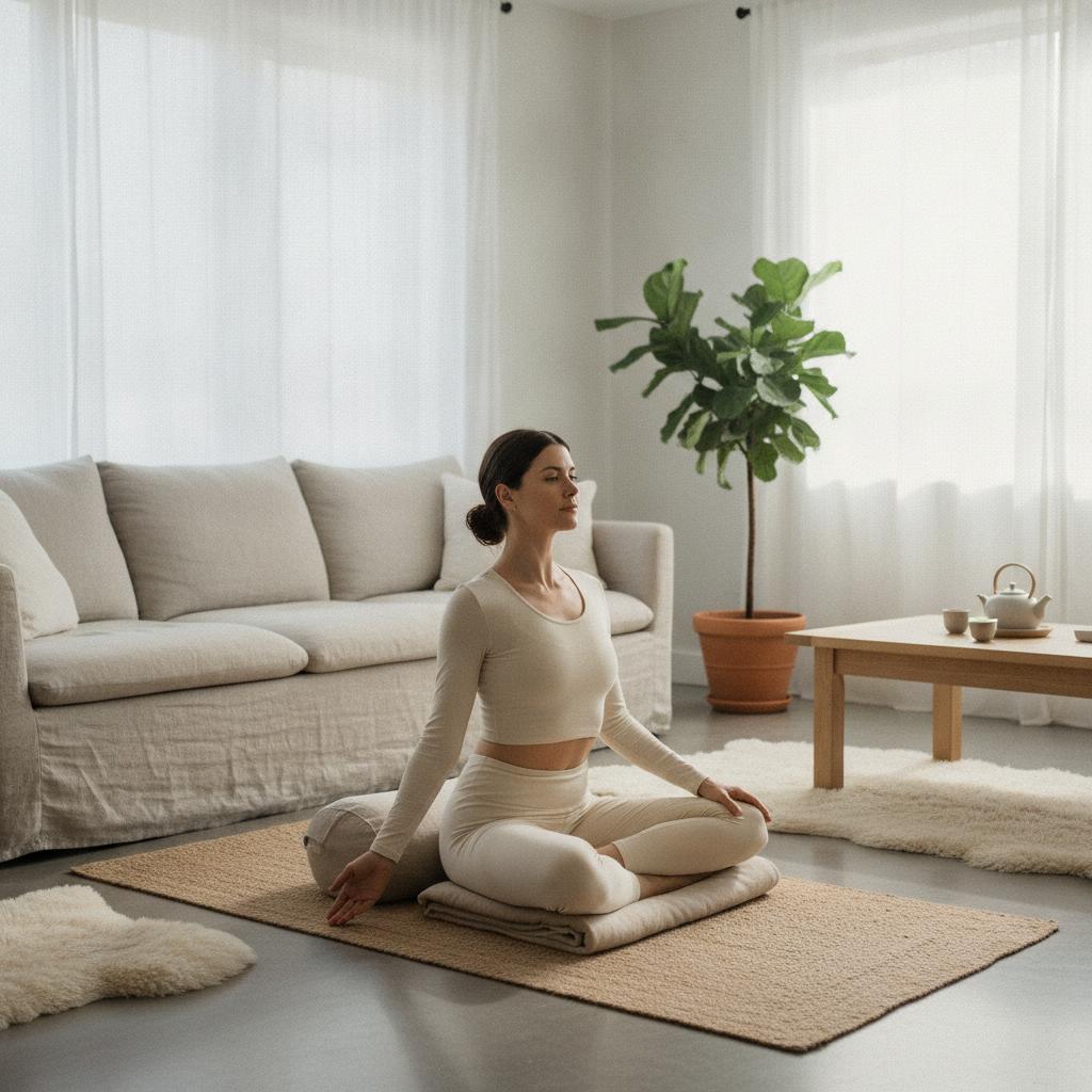 femme pratiquant le yoga débutant à la maison sur un tapis