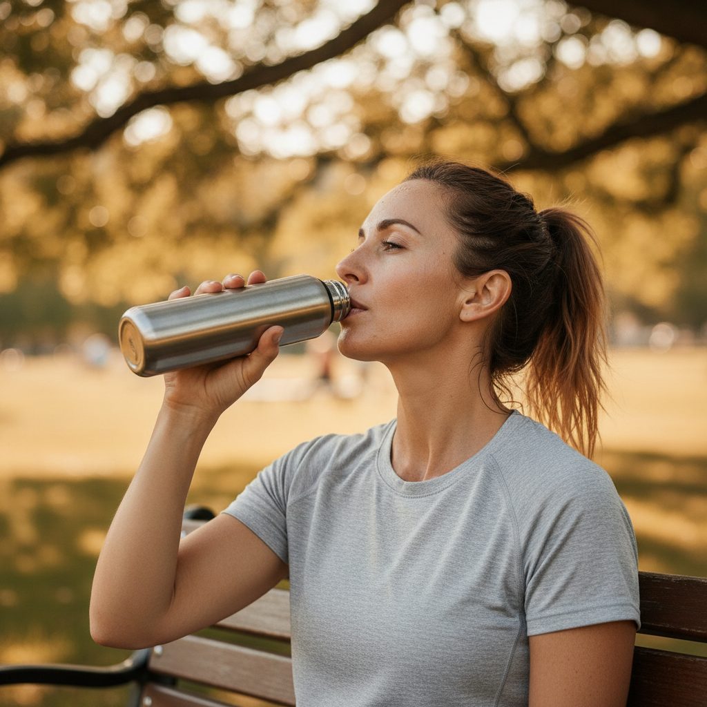 Femme s'hydratant à l'ombre après une séance de sport estivale