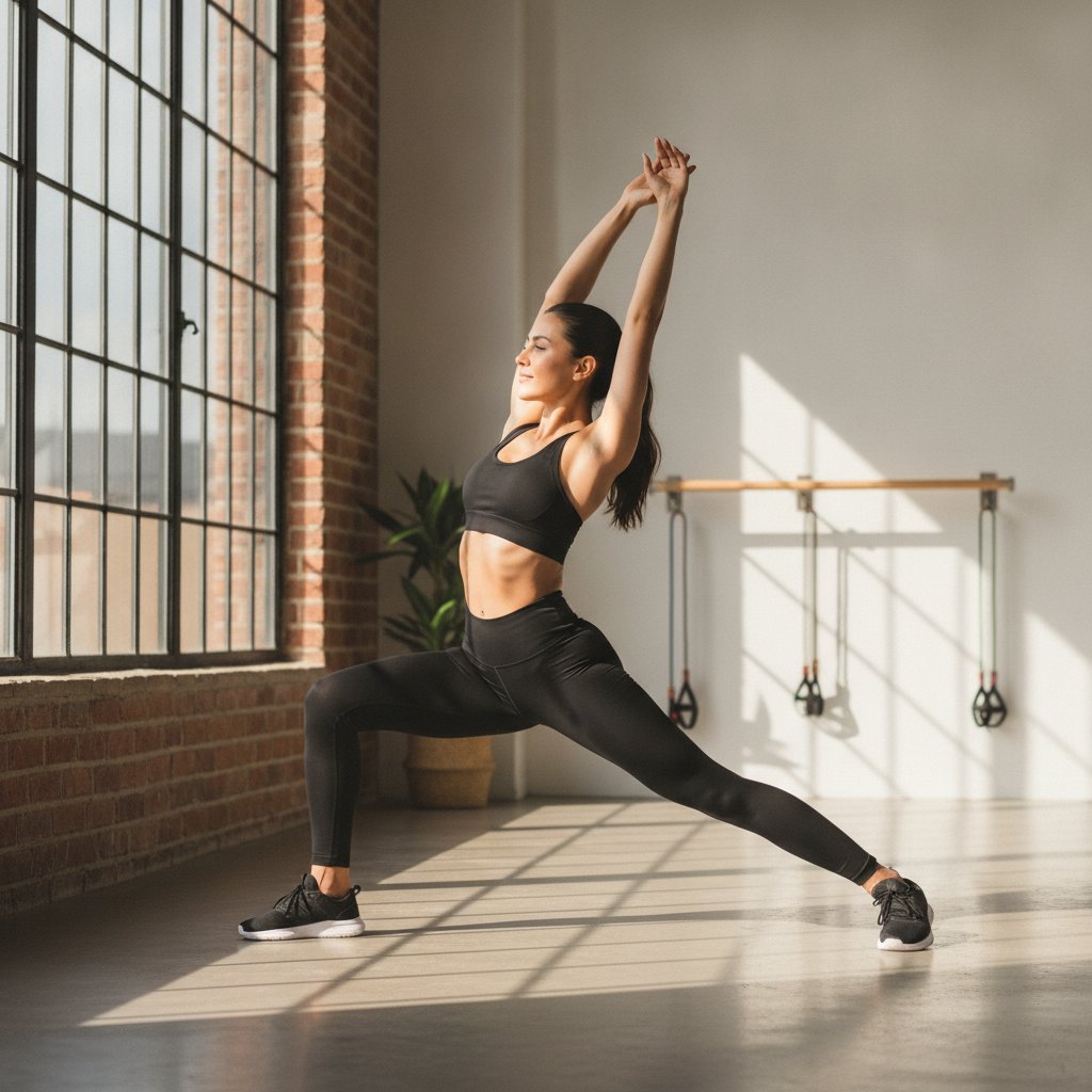 Femme active en legging de sport taille haute qui s'étire en studio de fitness