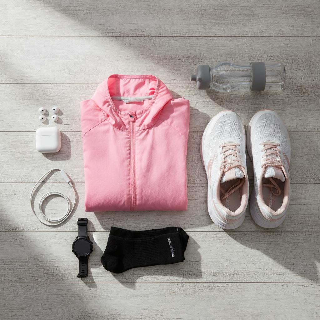 Flat lay tenue running femme avec veste coupe-vent et accessoires