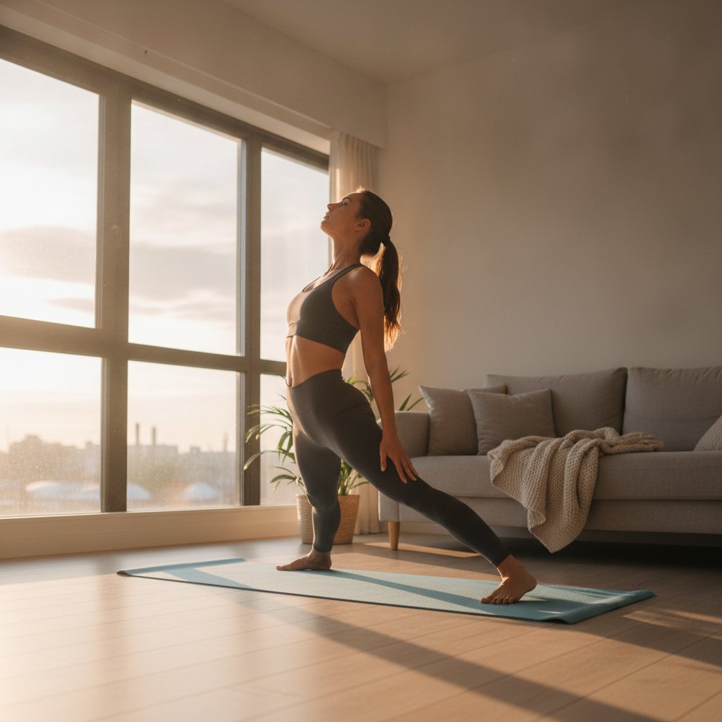 Femme pratiquant une salutation au soleil au lever du jour, routine yoga du matin