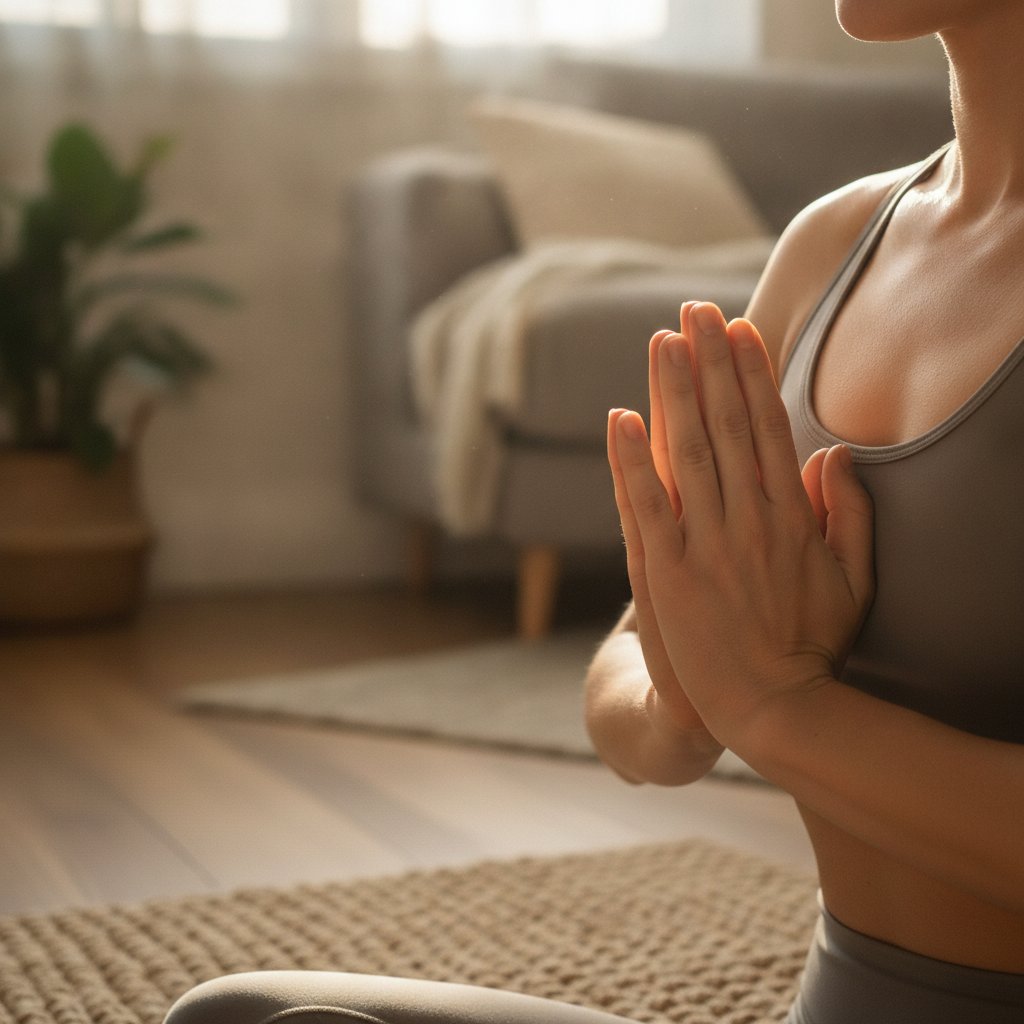 Mains en posture anjali mudra pres d'un tapis de yoga, rituel matinal bien-etre