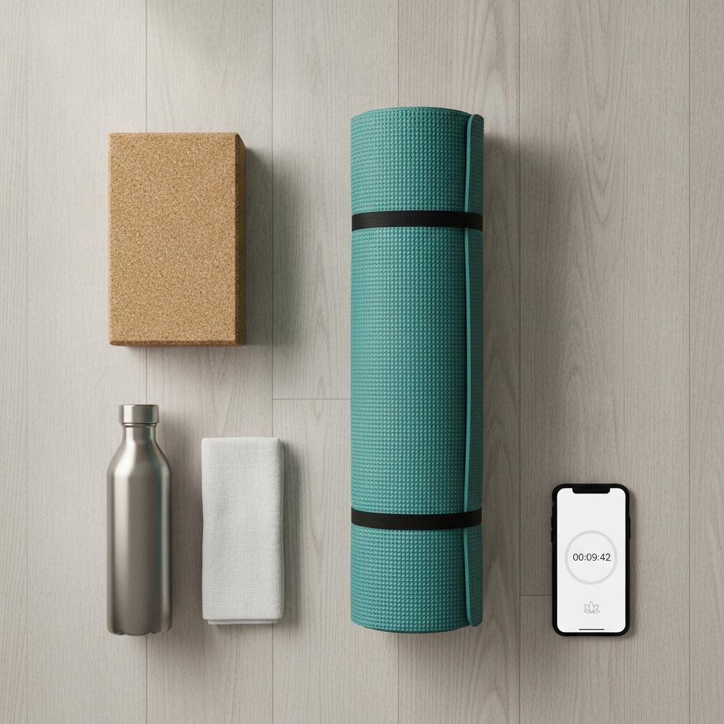 Materiel de yoga vu du dessus, tapis brique gourde serviette pour routine du matin