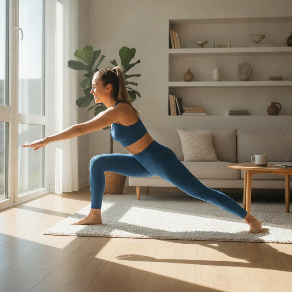 Femme en tenue de yoga legging et brassiere s'etirant le matin dans un salon lumineux