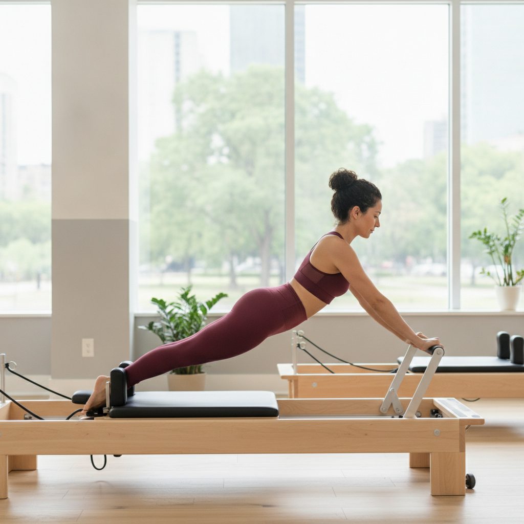 Femme pratiquant le footwork sur machine pilates reformer en studio lumineux