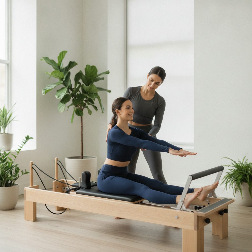 Etirement assis sur pilates reformer avec correction de posture par une coach