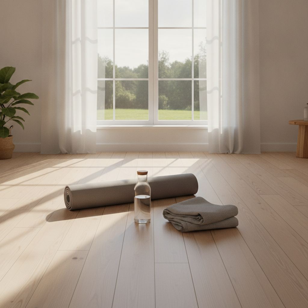 tapis de yoga et accessoires prets pour une seance du matin
