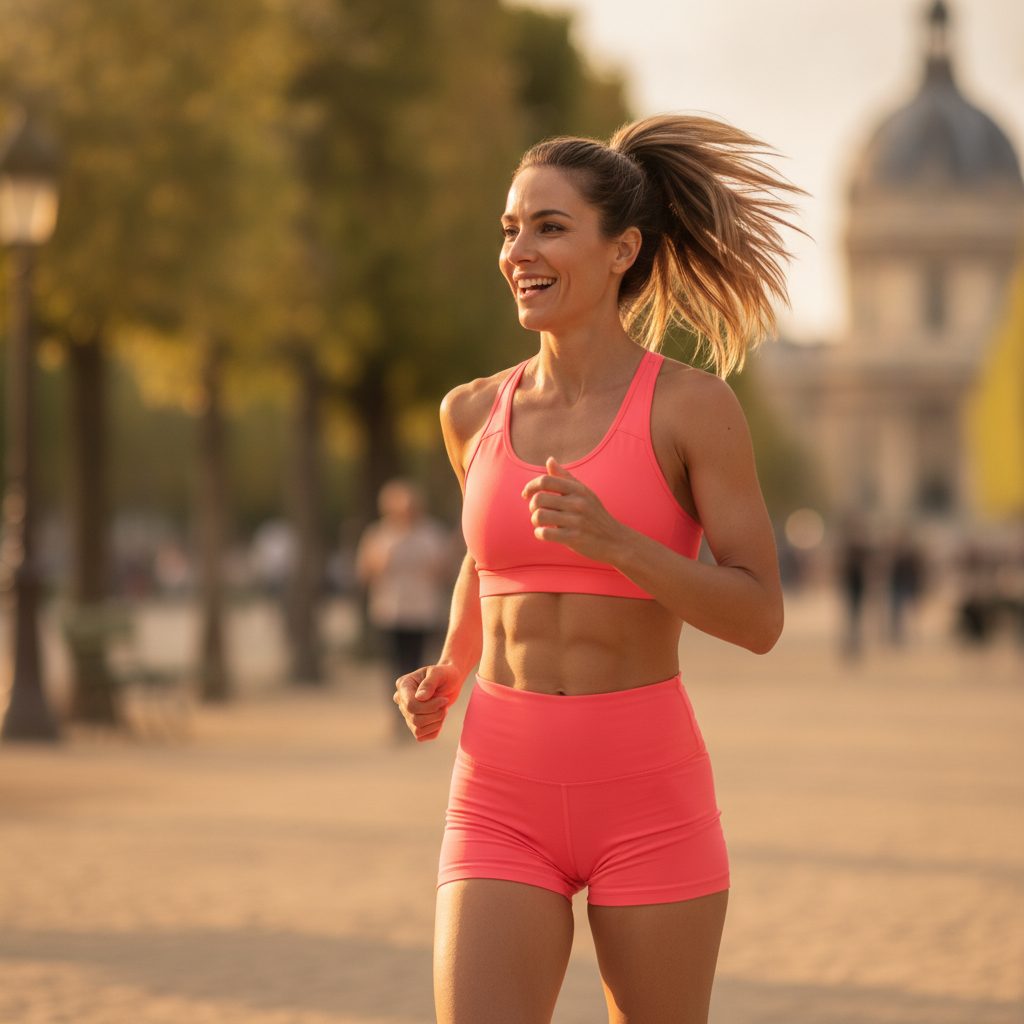 Femme courant dans un parc en été en tenue de sport légère et respirante
