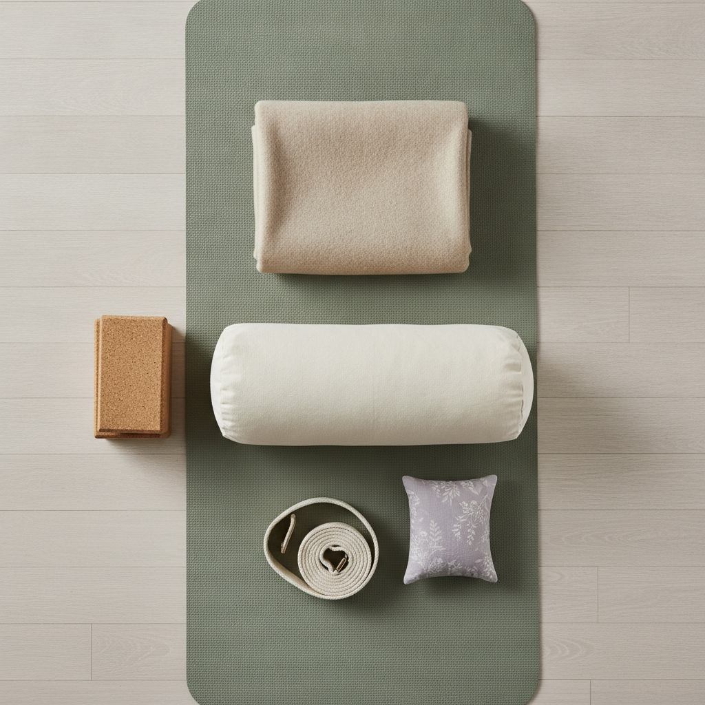 Accessoires de yin yoga : bolster, briques en liège, couverture et sangle sur un tapis