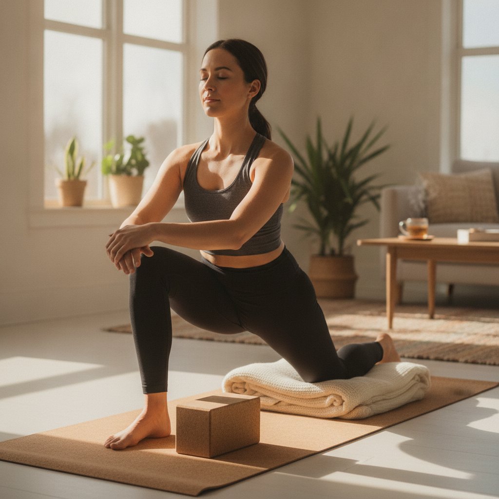 Femme en posture du dragon en yin yoga, avant-bras posés sur une brique en liège