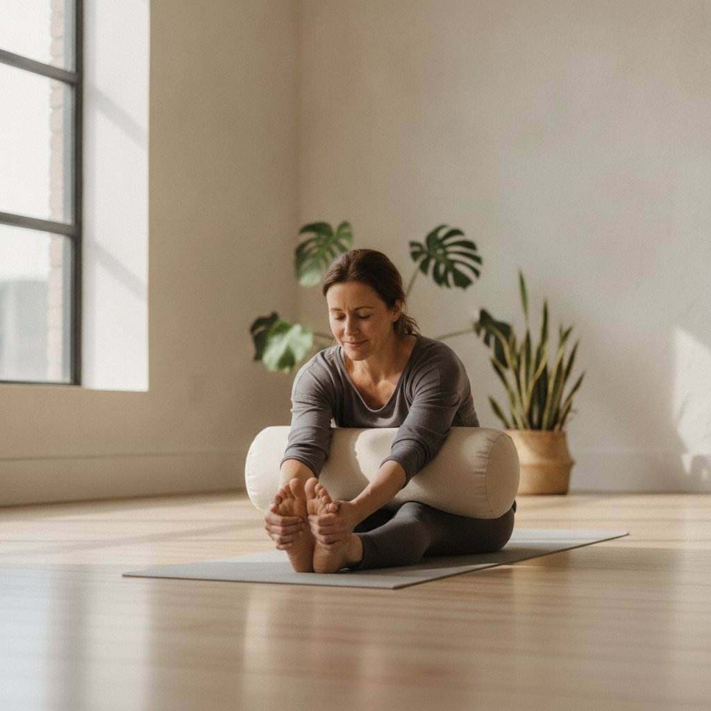 Femme en posture du papillon en yin yoga avec bolster de soutien