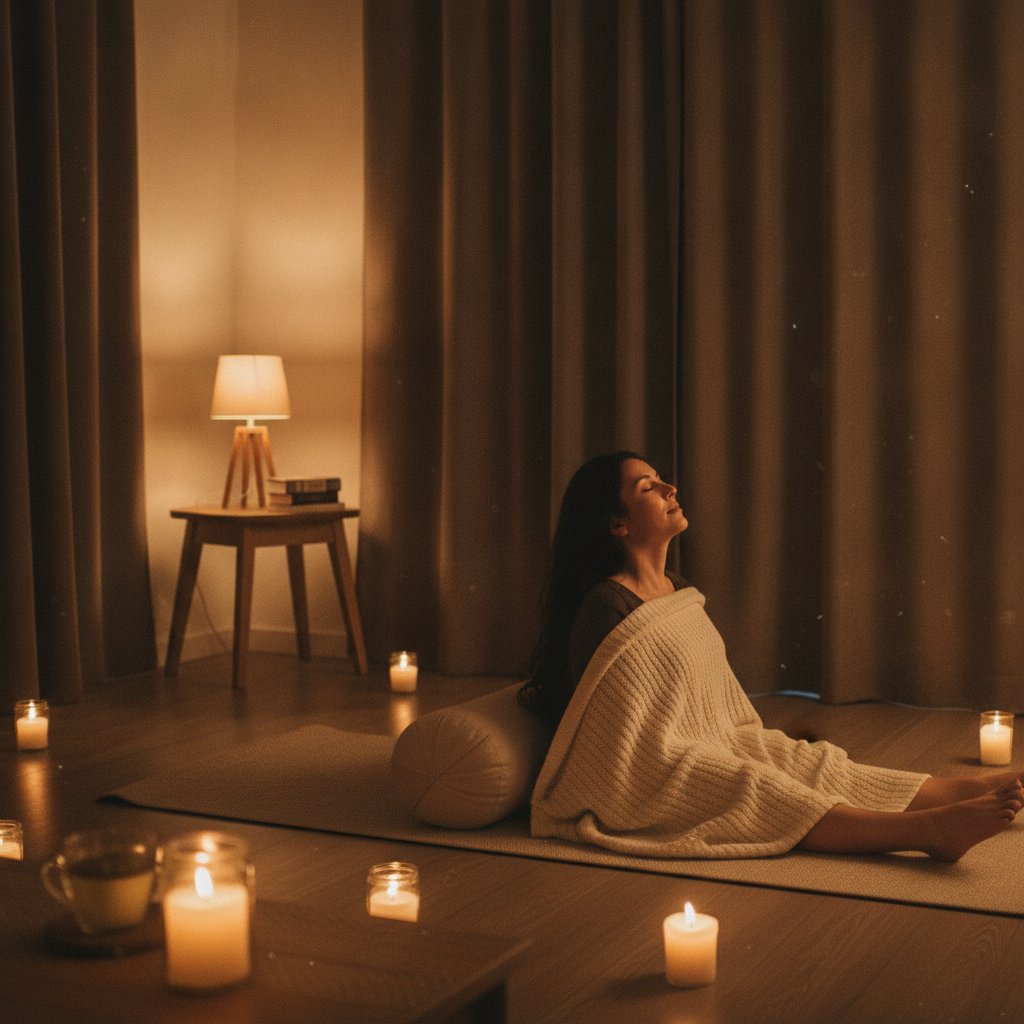 Séance de yin yoga du soir en papillon allongé soutenu dans un salon tamisé