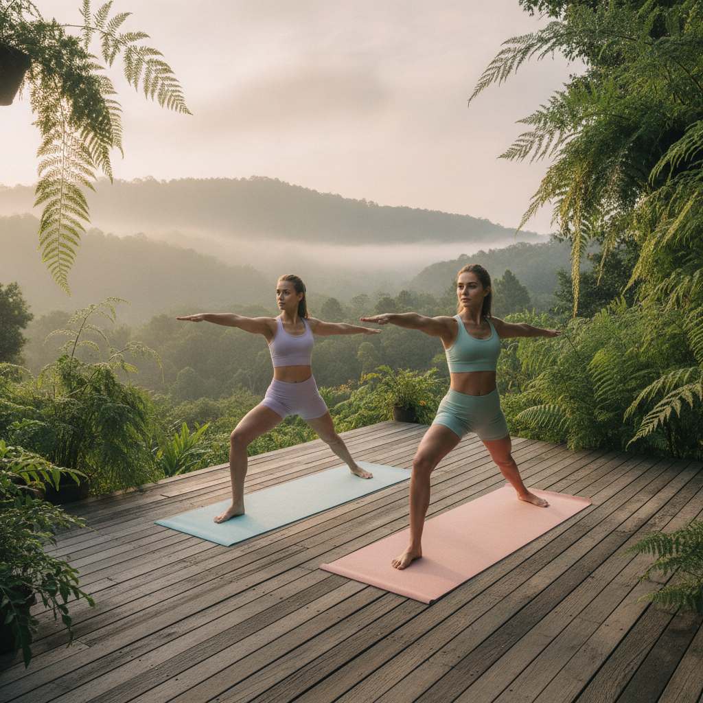 Deux femmes pratiquant le yoga en extérieur à l'ombre en tenue d'été respirante