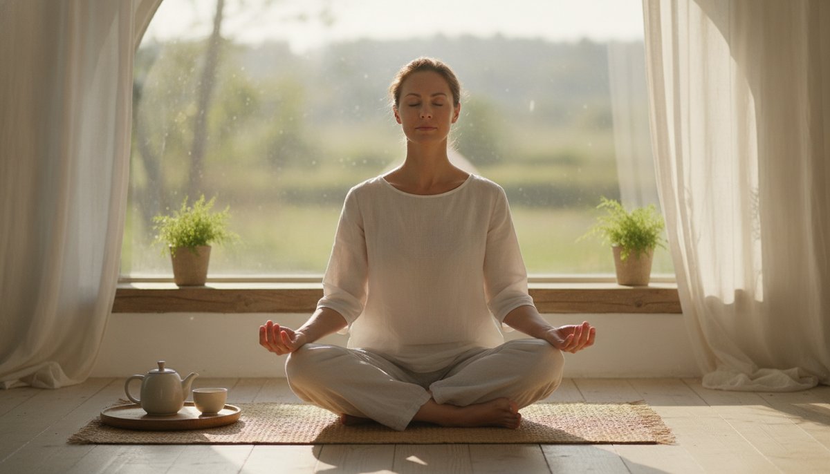 femme pratiquant une posture de yoga douce le matin pres d une fenetre