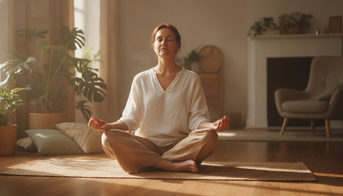 femme assise en meditation respiration sur un tapis de yoga lumiere douce