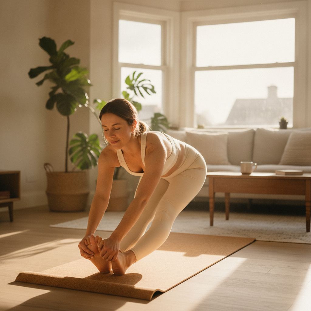 femme faisant du yoga du matin dans un salon lumineux