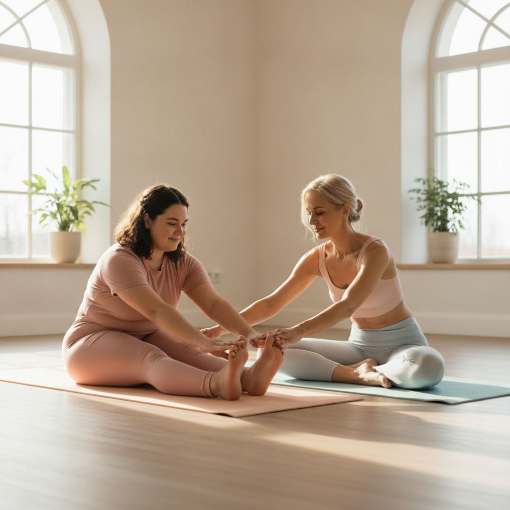 deux femmes de morphologies variées pratiquant des etirements ensemble