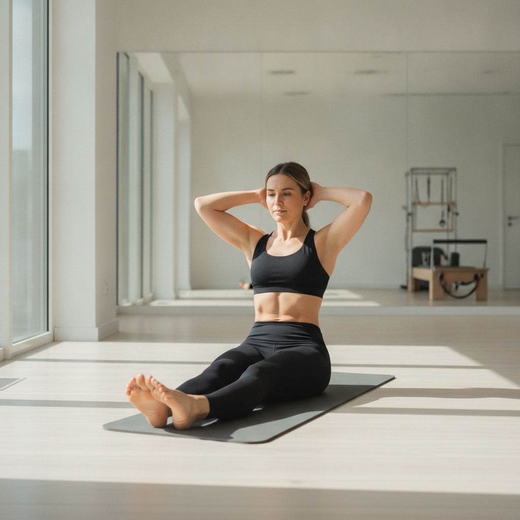 femme pratiquant un exercice de pilates au sol pour le gainage