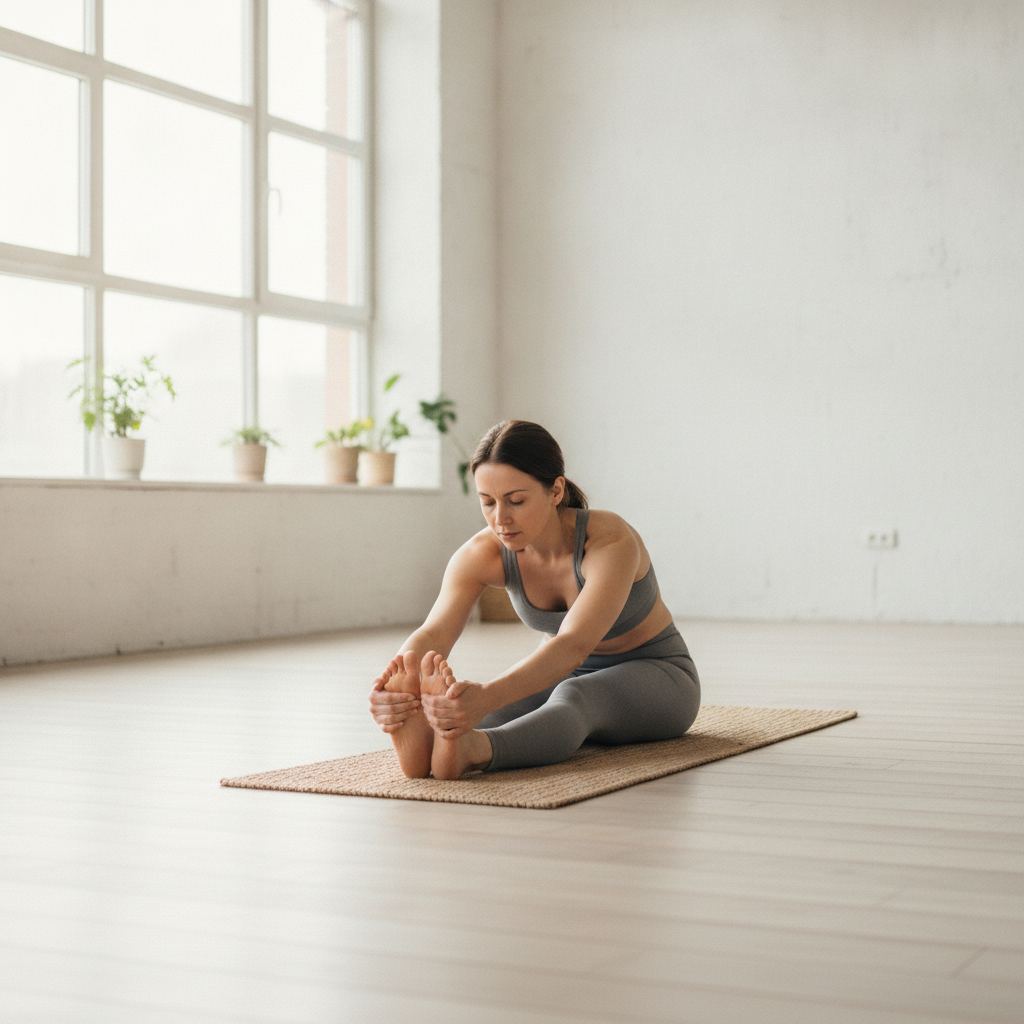 femme pratiquant une posture de yoga assise en studio lumineux