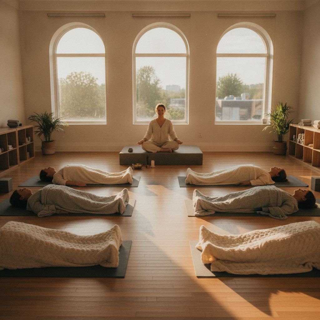 Cours collectif de yoga nidra dans un studio lumineux