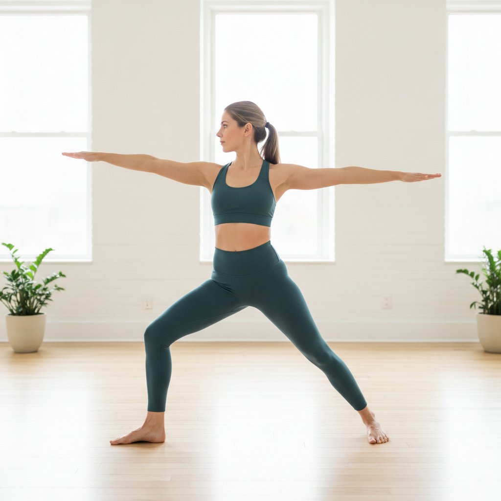 Femme en legging yoga taille haute en posture du guerrier en studio