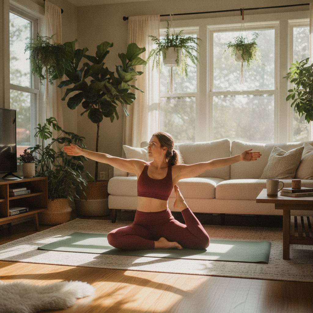 Étirement pilates à la maison en legging taille haute bordeaux