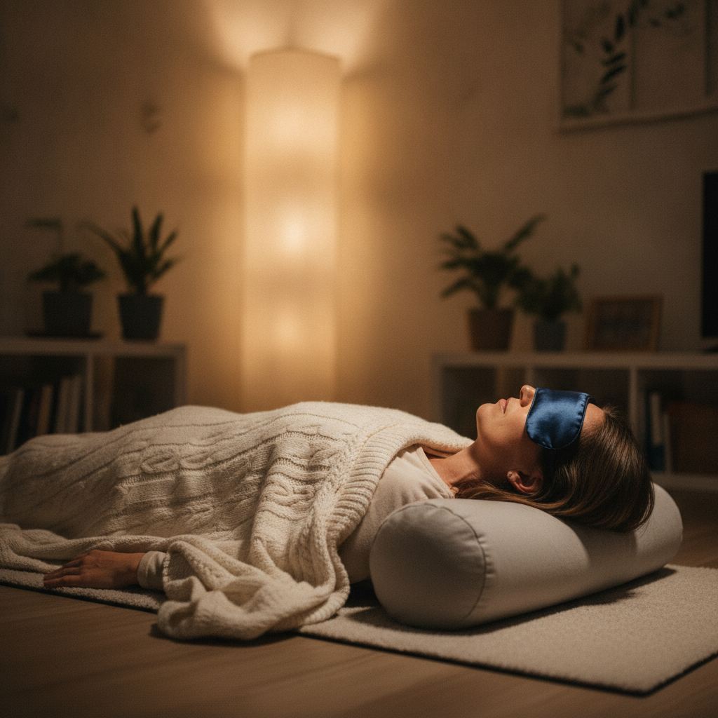 Séance de yoga nidra allongée en savasana avec bolster et couverture