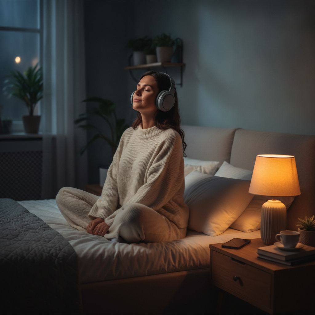 Pratique du yoga nidra le soir avec un audio guidé au casque