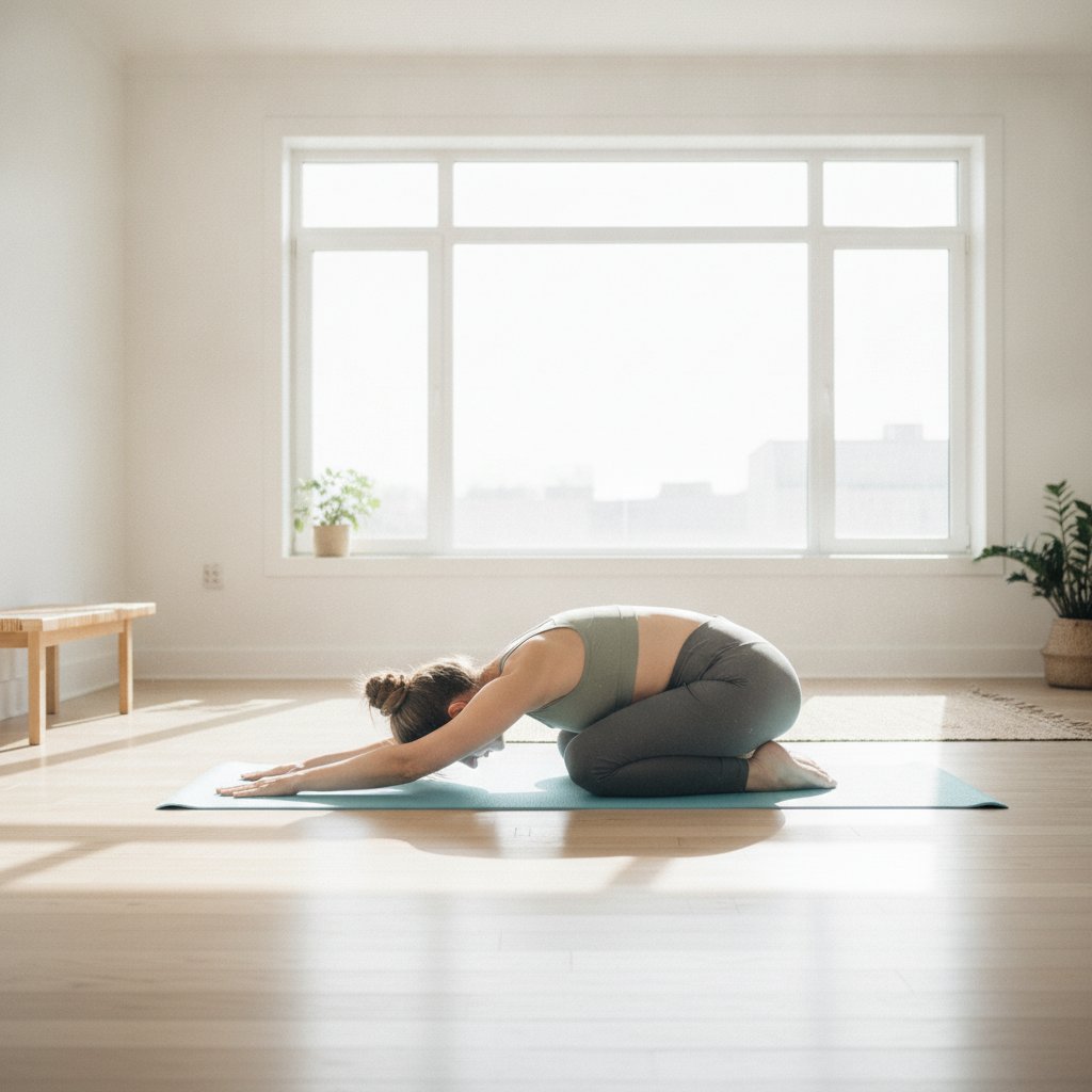 Femme en posture de l'enfant pour un etirement du dos sur un tapis de yoga