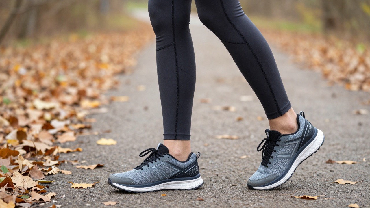 Jambes d'une coureuse en legging technique sur un chemin bordé d'arbres en automne