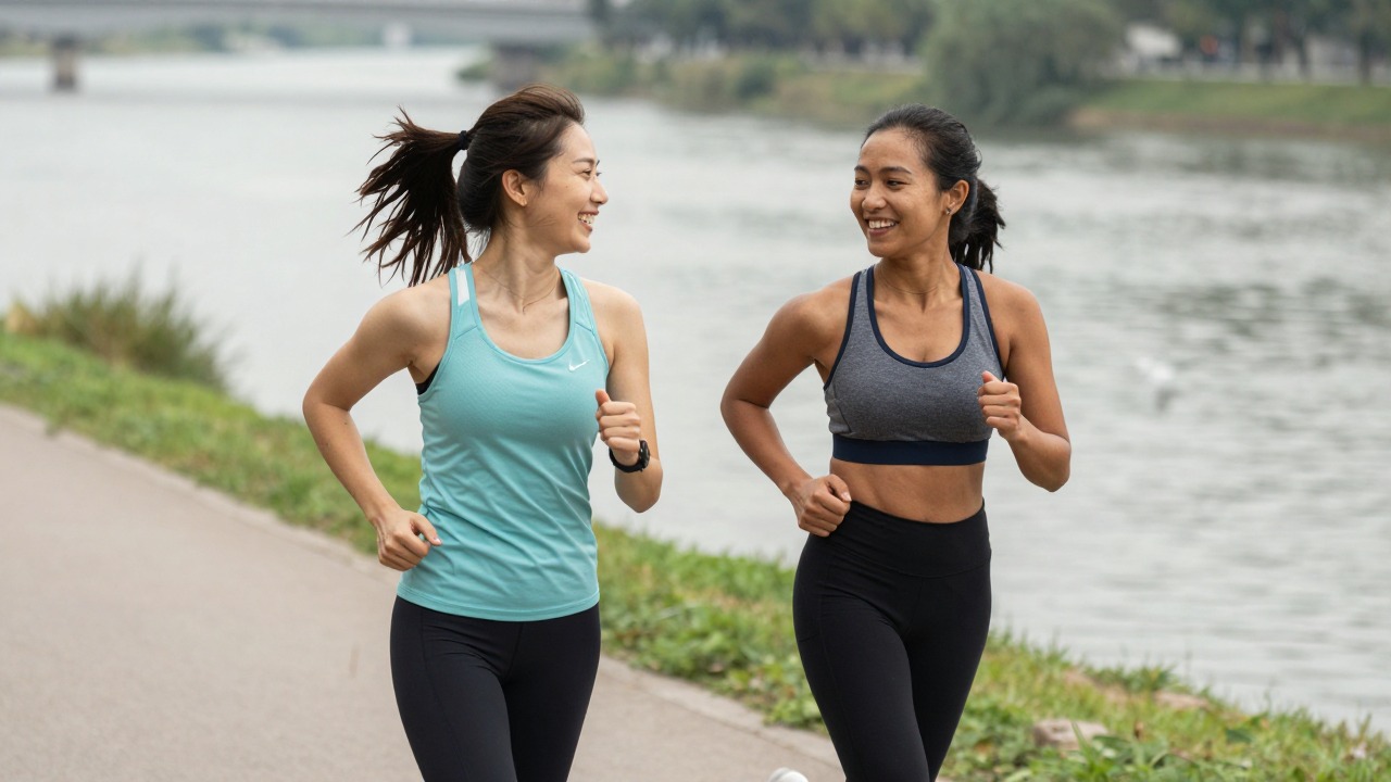 Deux coureuses souriantes en brassière et top technique le long d'une rivière